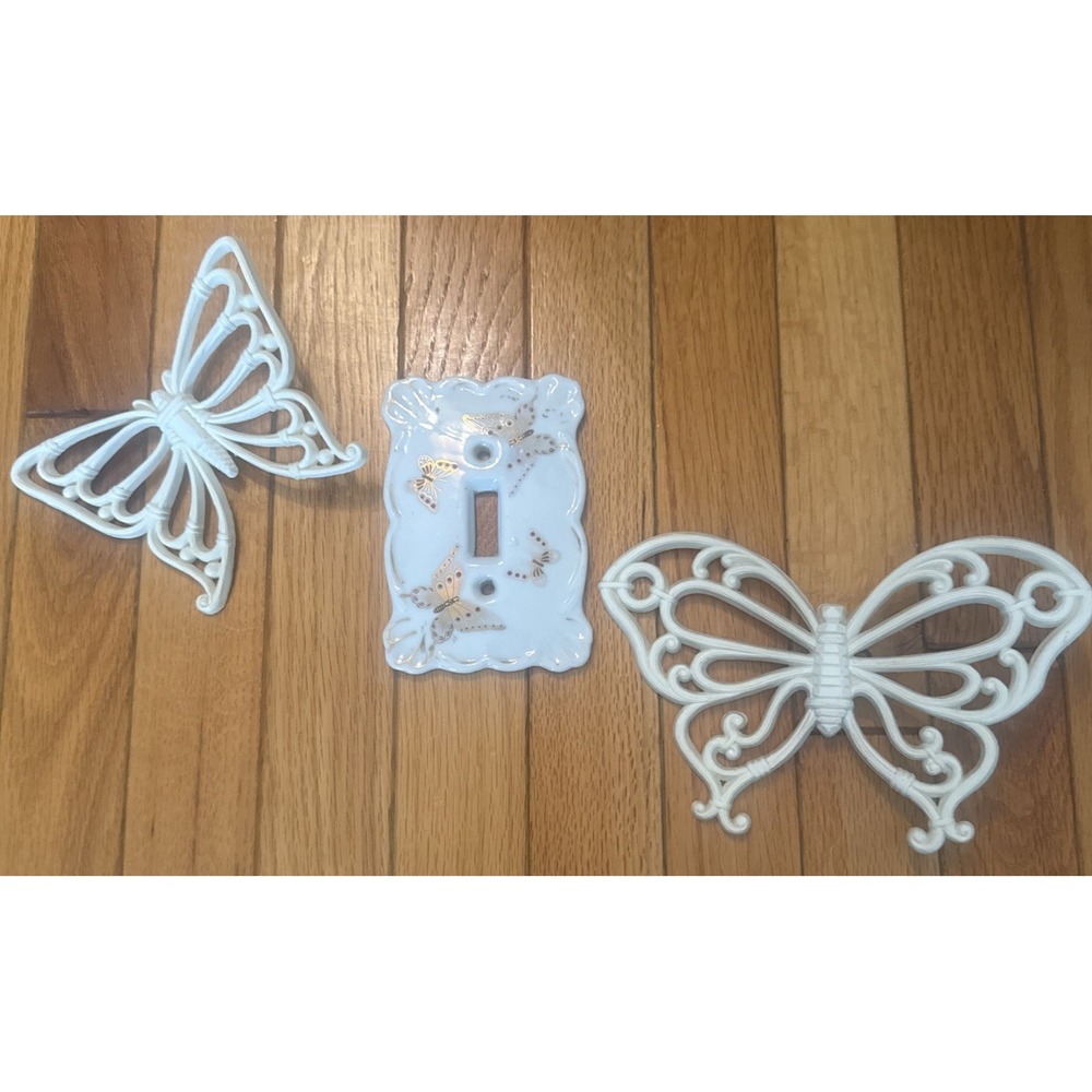 VTG Lefton 8059 Gold Butterflies Light Switch Plate & 2 Butterfly Wall Hangings